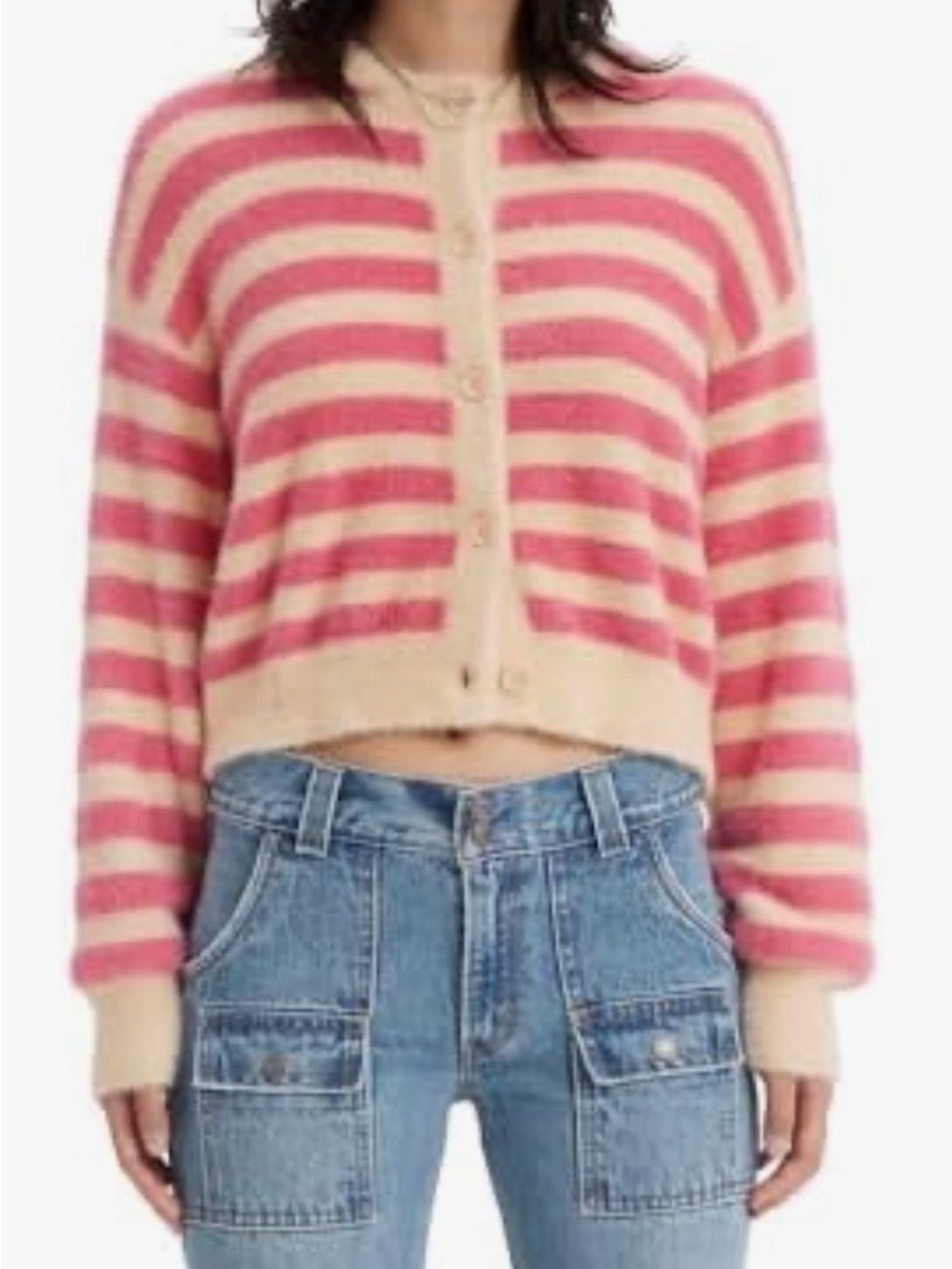 Levi’s Cat Cardigan Jenny Stripe Pink & Cream Soft Cropped Sweater Barbiecore
